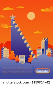A ladder reaching up to reaching star against on cityscape scene beautiful vertical  landscape, frame and space for text on sky background Vector flat modern linear style success concept illustration
