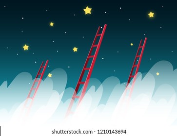 Ladder reaching up to reaching star against on night scene beautiful vertical Nature landscape, frame and space for text on sky background Vector texture style concept illustration