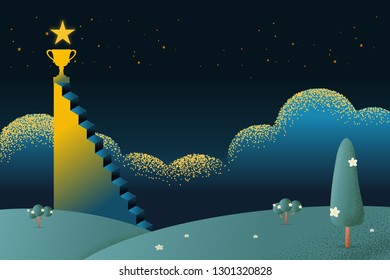 A ladder reaching up to reaching star trophy cup against on night scene beautiful Nature landscape, frame and space for text on sky background Vector texture style concept illustration