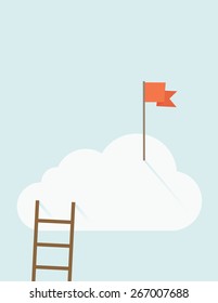 A ladder with red flag on top of the cloud. A contemporary style with pastel palette soft blue tinted background with desaturated clouds. Vector flat design illustration. Vertical layout with text