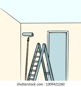 ladder repair paint roller. Comic cartoon pop art retro vector illustration drawing