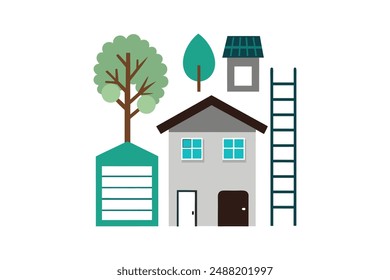 ladder roof tiles windows garage door tree vector illustration with white background.