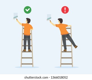 Ladder safety rules. Man painting wall with paint roller on a ladder. Back view. Flat vector illustration.