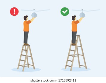 Ladder Safety Rules. Man Standing On The Top Step Of The Ladder. Perspective View. Flat Vector Illustration.