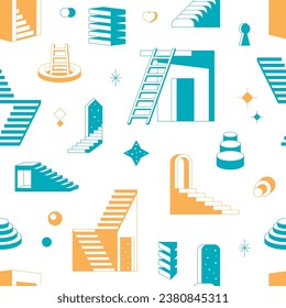 ladder shapes pattern. geometric stairway surrealistic 3d upstairs platforms, retro game obstacles set. vector cartoon illustration seamless pattern.