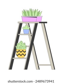 Ladder shelving unit with houseplants 2D cartoon object. Decorative rack. Stand with potted plants isolated flat vector element white background. Home interior design color spot illustration