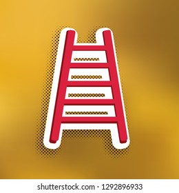 Ladder sign illustration. Vector. Magenta icon with darker shadow, white sticker and black popart shadow on golden background.