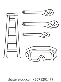 Ladder, Spanner, Safety Goggles common tools in a construction vector set include a saw, ideal for cutting wood, metal, a drill, which creates holes in various materials. clean, modern vector style.
