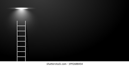 Ladder and spot light bulb in the dark room. Vector Illustration.