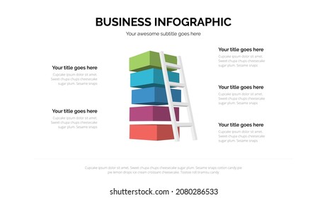 Ladder with square box business infrographic with five steps. Suitable for presentation with 16x9 aspect ratio