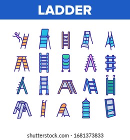 Ladder And Staircase Collection Icons Set Vector. Tall And Low, Wooden And Metallic Ladder, Human Falling Down From Equipment Concept Linear Pictograms. Color Illustrations