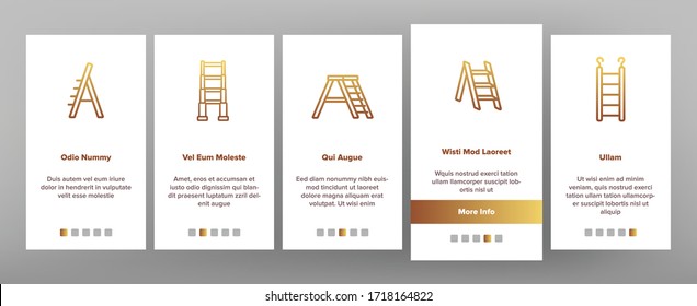 Ladder And Staircase Onboarding Icons Set Vector. Tall And Low, Wooden And Metallic Ladder, Human Falling Down From Equipment Illustrations