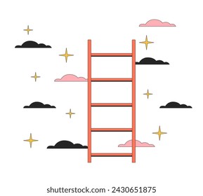 Ladder to stars clouds 2D linear cartoon object. Reaching moving up ladder cloudscape isolated line vector element white background. Accomplishment achievement dreaming color flat spot illustration