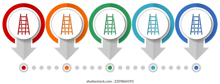 Ladder, step, climb, tool, level vector icon set, flat design infographic template, set pointer concept icons in 5 color options for webdesign and mobile applications