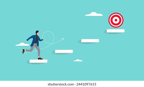 ladder of success to achieve business target and goals, the way to achieve goal, growing journey or aiming to reach target, happy businessman climbs beam ladder to reach dartboard bullseye