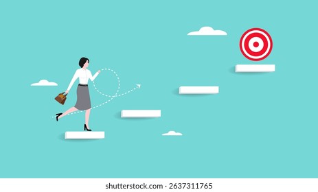 ladder of success to achieve business target and goals, the way to achieve goal, growing journey or aiming to reach target, happy businesswoman climbs beam ladder to reach dartboard bullseye