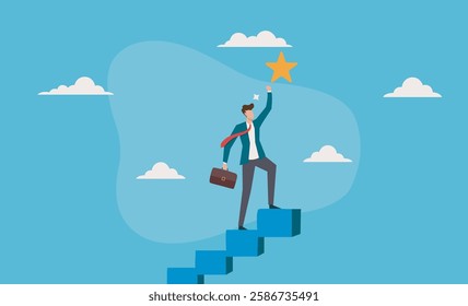 The ladder of success to achieve goals, achievements, or opportunities. Climb the ladder to gain new hope, success, or career development. A businessman climbs the ladder of success