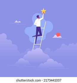 Ladder of success or aspiration to achieve business goal concept, businessman climbing ladder reaching to the star and success