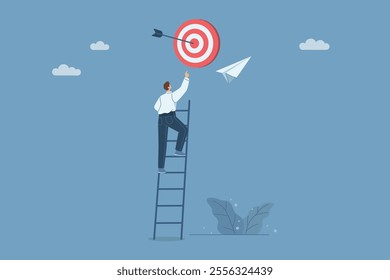 Ladder to success, Businessman climbs high ladder to reach goal, Inspiration and ambition to achieve success, Setting career success goals, Flat vector design illustration.