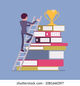 Ladder to success. Businessman in move to reach the top, accomplishment of business aim, positive results of career purpose, impressive prize for work or study. Vector flat style cartoon illustration