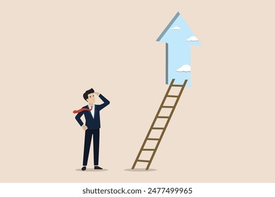 Ladder of success, challenges ahead for career development, motivation and inspiration concept, businessman climbing the ladder through the upward arrow sign hole.