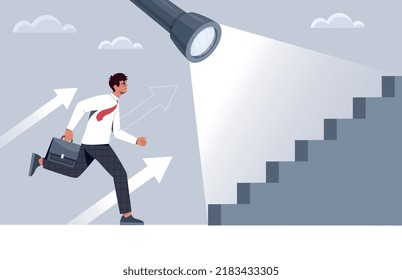 Ladder success concept. Goal setting and motivation, vision of future. Hardworking and successful entrepreneur or employee, leader. Metaphor of career growth. Cartoon flat vector illustration