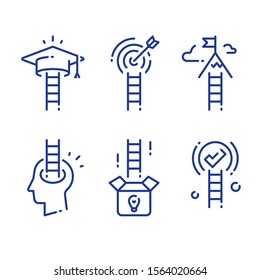 Ladder To Success Concept, Next Level Self Improvement, Capacity Building, Reaching Goal, Think Outside The Box, Creativity Development, Growth Mindset, Vector Line Icon Set