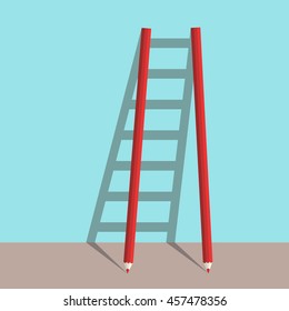 Ladder of success concept of two pencils with shadow on blue background. Goal, career and creative concept. Flat design. Vector illustration. EPS 8, no transparency