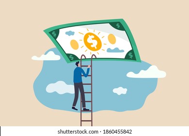 Ladder of success in financial freedom, climbing up to reach saving and investment target concept, confidence businessman climbing ladder high in the sky to get into money dollar banknote heaven.