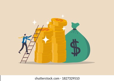 Ladder of success in financial target, career path income achievement or investment for retirement concept, young businessman climbing the ladder to top of stack of money coins rich and wealthy goals.