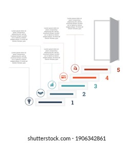 Ladder of success, leading up to an open door. Successful business strategy concept in infographics. Universal template 5 position