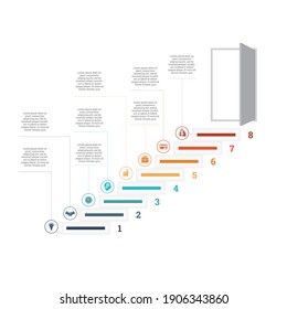 Ladder of success, leading up to an open door. Successful business strategy concept in infographics. Universal template 8 position