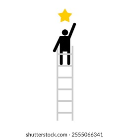 Ladder of success. Man climbed stairs behind star. Man achieving goal.