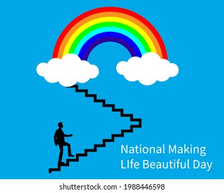 Ladder of success . A man walking towards the rainbow for a better beautiful life . creative concept fine art motivational vector illustration as a poster template banner .