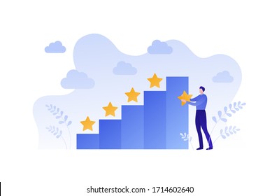 Ladder of success and marketing business concept. Vector flat person illustration. Man character hold and place star sign on top of stair. Design for banner, poster, web social media, customer service