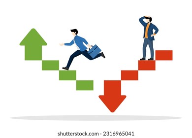 Ladder to success, Progress and setbacks in business concept. losses and gains in investment. Young sad businessman and happy businessman. flat vector illustration on a white background. Ladder to suc