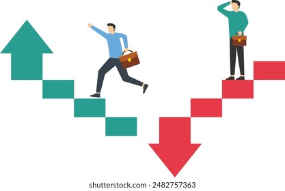 Ladder to success, Progress, and setbacks in business concept. losses and gains in investment. Young sad businessman and happy businessman. flat vector illustration on a white background. Ladder to su