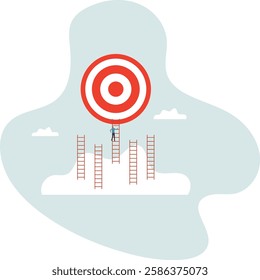 Ladder of success to reach goal or target, challenge to achieve goal, strategy or motivation to win competition,business concept.flat character.