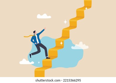 Ladder of success, stair way to succeed and reach business target, growth or growing career path, motivation and career advancement opportunity concept, businessman climb up stair way to success.