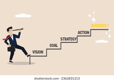 Ladder of success, step by step forward with vision, goals, strategies, actions and success. Smart businessman looking at the ladder of success with binoculars. Illustration successful businessman.