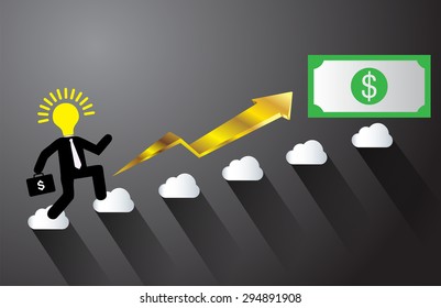 Ladder to success. Step by step infographics illustration. businessman walking up stairs chart. vector. arrow cloud
