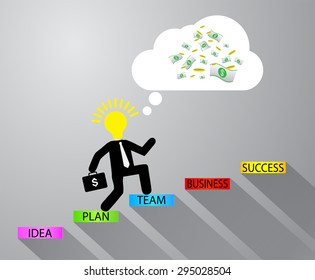 Ladder to success. Step by step infographics illustration. businessman walking up stairs chart. vector. money. dream concept. speech bubble.arrow. Idea Light Bulbs. idea light bulb. idea light bulb