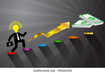 Ladder to success. Step by step infographics illustration. businessman walking up stairs chart. vector. money. dream concept. speech bubble.arrow. idea light bulb