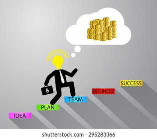 Ladder to success. Step by step infographics illustration. businessman walking up stairs chart. vector. money. dream concept. speech bubble. idea light bulb
