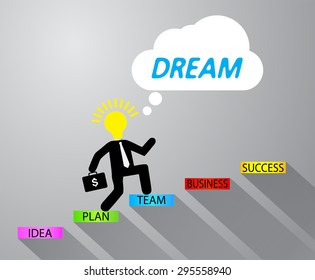 Ladder to success. Step by step infographics illustration. businessman walking up stairs chart. vector. money. dream concept. speech bubble. idea light bulb
