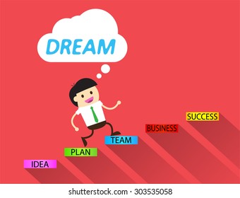 Ladder to success. Step by step infographics illustration. businessman walking up stairs chart. vector. money. dream concept. speech bubble. idea light bulb