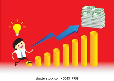 Ladder to success. Step by step infographics illustration. businessman walking up stairs chart. vector. money. dream concept. speech bubble. idea light bulb