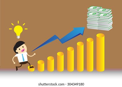 Ladder to success. Step by step infographics illustration. businessman walking up stairs chart. vector. money. dream concept. speech bubble. idea light bulb