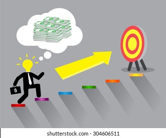 Ladder to success. Step by step infographics illustration. businessman walking up stairs chart. vector. money. dream concept. speech bubble. idea light bulb. money