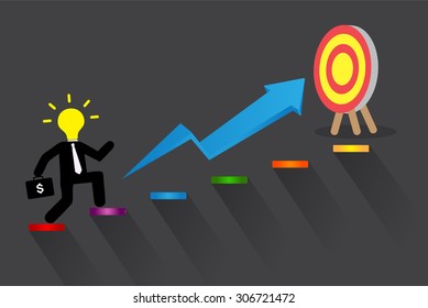 Ladder to success. Step by step infographics illustration. businessman walking up stairs chart. vector. money. dream concept. speech bubble. idea light bulb. 